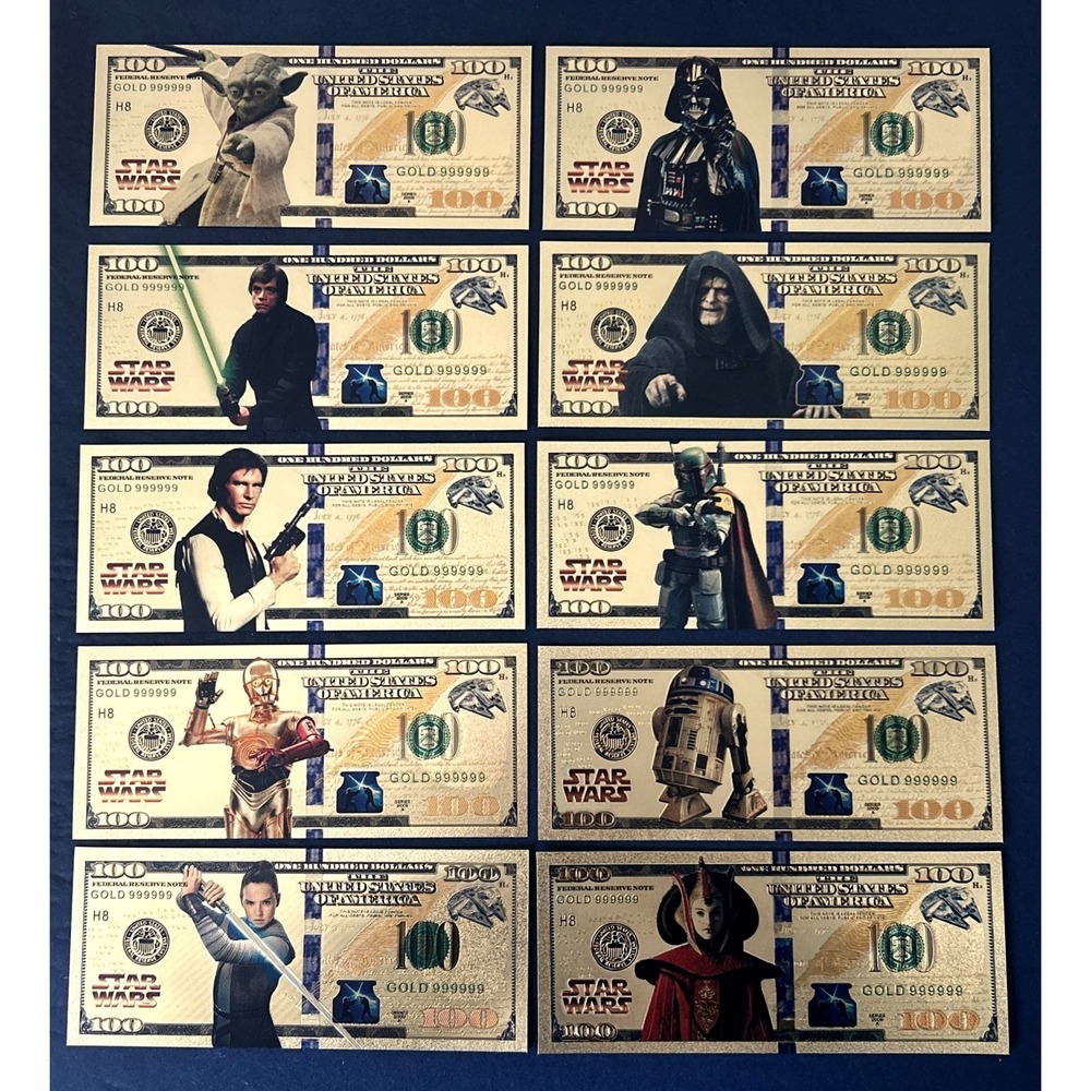 Star Wars Commemorative $100 10 Pc 24k Gold Foil Banknote Set w COA
